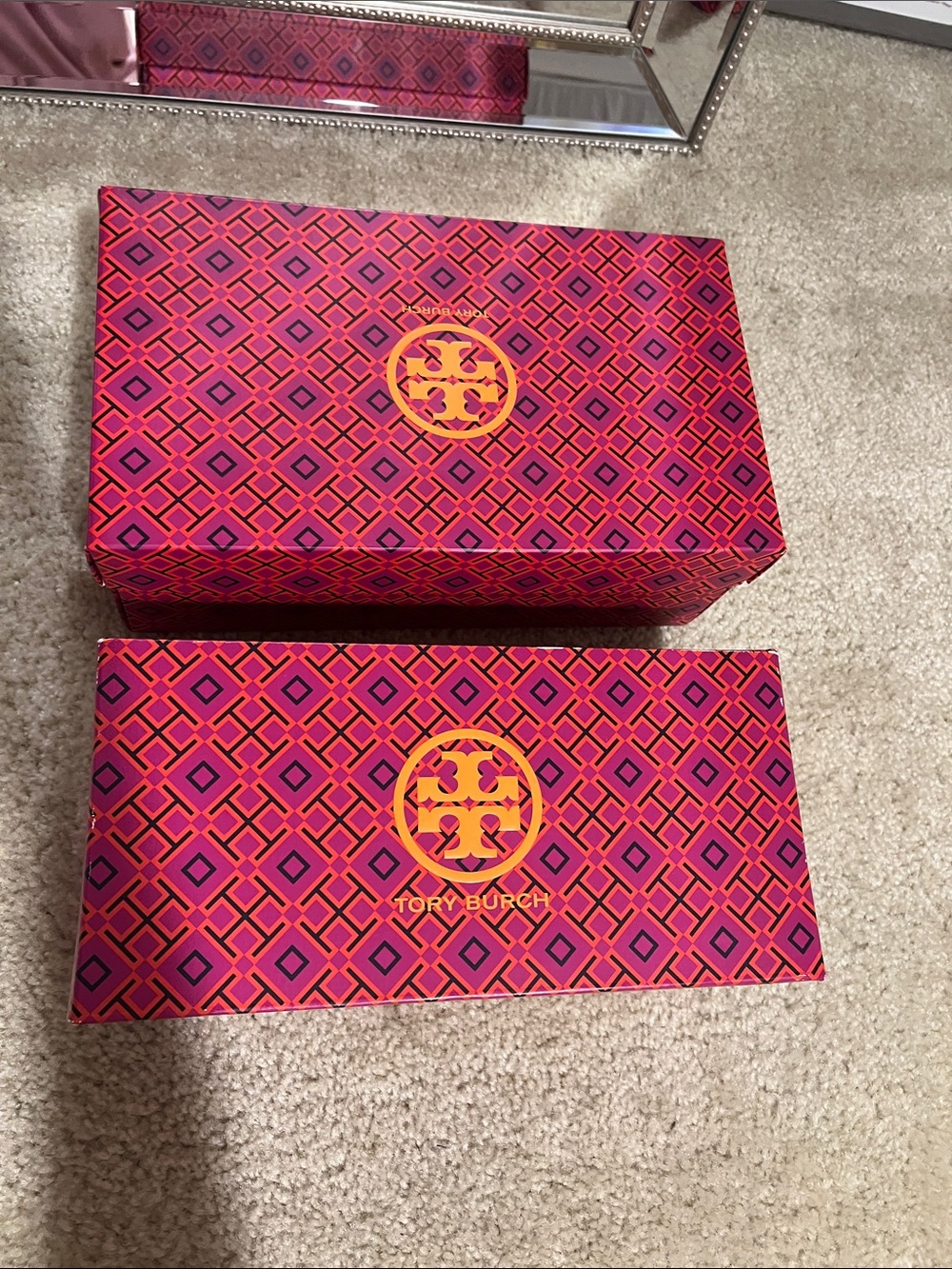 2 Tory Burch Pink and Orange shoe boxes